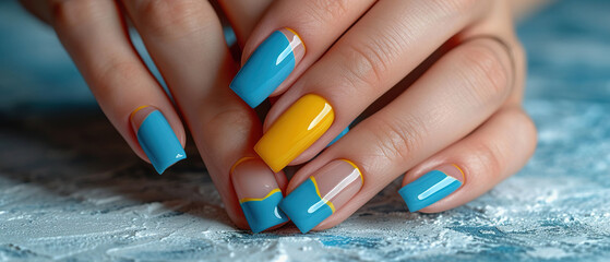 Woman's nails with beautiful blue and yellow manicure. AI generated