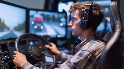 Trucking simulator inside a truck school. Young man learning and practicing on how to drive big rigs.