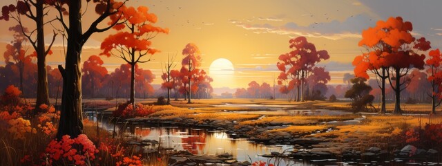 A fantastic beautiful flat landscape with a river, high mountains, autumn trees with orange-red and yellow leaves at sunset. Golden Hour, Nature, landscape, environment concepts. - obrazy, fototapety, plakaty