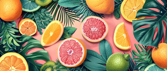 Vibrant and exotic, tropical fruits and leaves banner, stunning array of tropical fruits and foliage. Perfect for adding a touch of paradise to your visual presentations. AI Generated - obrazy, fototapety, plakaty