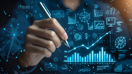 Businessman draw growth graph and progress of business and analyzing financial and investment data ,business planning and strategy on blue background.. generative ai