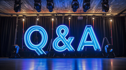 Q&A background with giant Q and A letters on stage background to start a questions and answers sessions