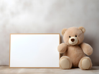 Fluffy brown teddy bear with  a blank sign with space for copy,Generative Ai