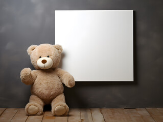 Fluffy brown teddy bear with  a blank sign with space for copy,Generative Ai