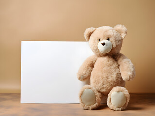 Fluffy brown teddy bear with  a blank sign with space for copy,Generative Ai