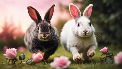 cute black and white bunnies couple in a running on field of flowers, rabbits running outside	