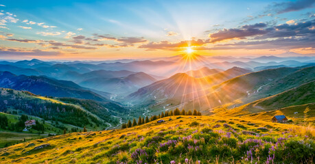 A beautiful sunset over a grassy mountain range with a trail leading up to the top.