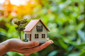 A hand holding a model house with lots of green in the background