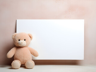 Fluffy brown teddy bear with  a blank sign with space for copy,Generative Ai