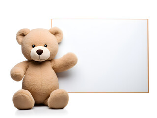 Fluffy brown teddy bear with  a blank sign with space for copy,Generative Ai