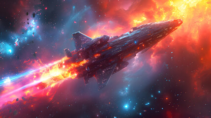 A spaceship fires up its engines and shoots out flames in a colorful nebula.