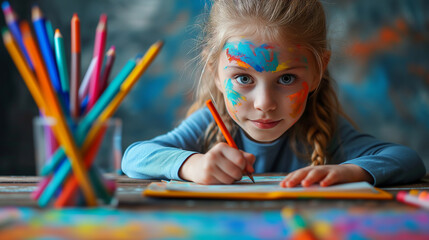 Young school girl coloring, face painted. Concept for creativity.