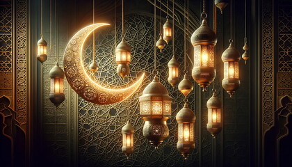 Golden lantern with a crescent moon and Islamic ornament background