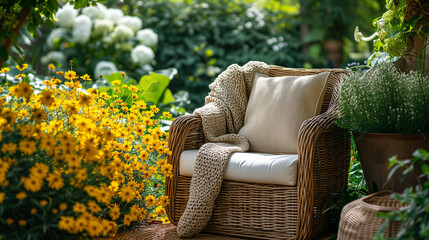Cozy reading wick style chair in the garden. - obrazy, fototapety, plakaty