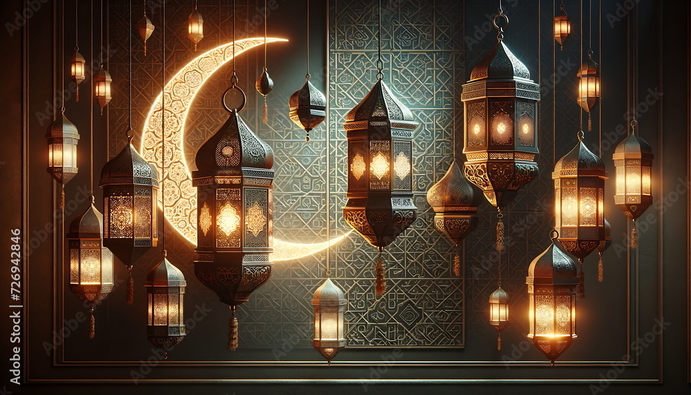 Wall mural golden lantern with a crescent moon and islamic ornament background
