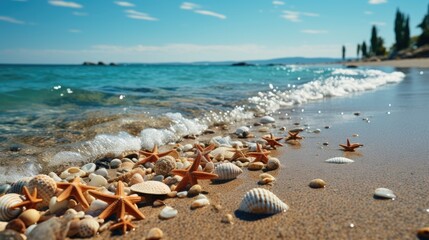 Fototapeta na wymiar Shells and Starfish Covering Sandy Beach