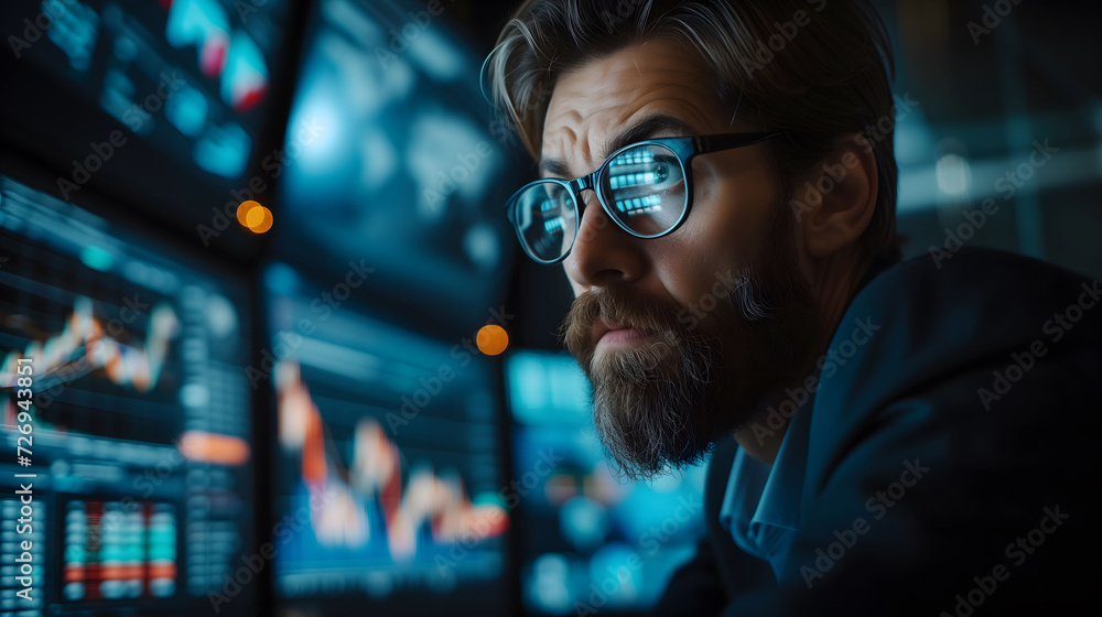 Poster a bearded analyst with glasses intently studies fluctuating financial and stock market index data on