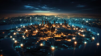 Obraz premium Vibrant Night Cityscape With Illuminated Buildings and Streetlights. The Internet network spreads throughout the metropolis.