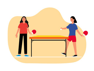 Two young girl playing table tennis. Games vector illustrations.	