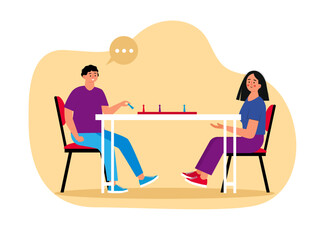 Couple sitting playing a board game. Games vector illustrations.