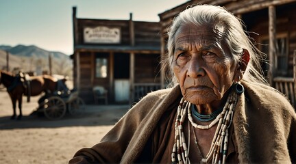 Naklejka premium Native indian elderly man at wild west in a town from Generative AI