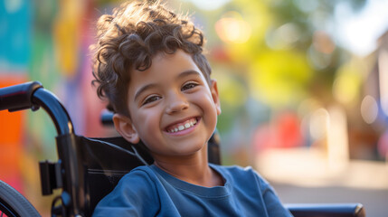 Cute curly haired boy with big smile on a wheel chair. Special needs mobility concept.