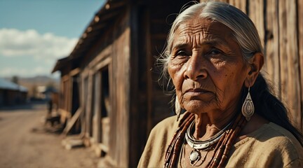 Beautiful native indian elderly woman at wild west in a town from Generative AI - obrazy, fototapety, plakaty