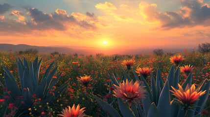 field of agaves and flowers with the sun in the middle, generative ai - obrazy, fototapety, plakaty