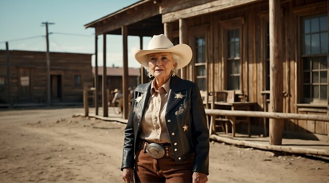Beautiful elderly woman at wild west wearing a western cowboy outfit in a town from Generative AI