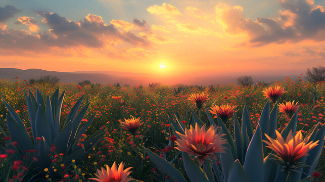 field of agaves and flowers with the sun in the middle, generative ai