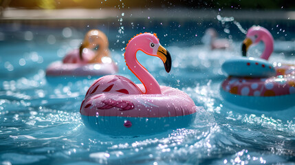 Funny action photo in the outdoor swimming pool with splashes of inflatable flamingo and doughnuts buoys rings. generative ai