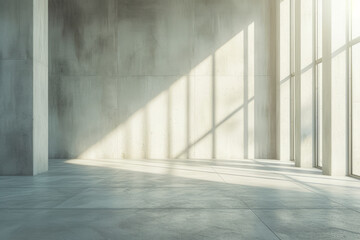 An modern and empty loft space with sunlight and shadows on a concrete tile wall, minimalist style...