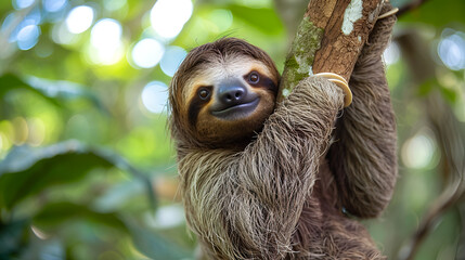 Funny sloth hanging on tree branch cute face looking, generative ai