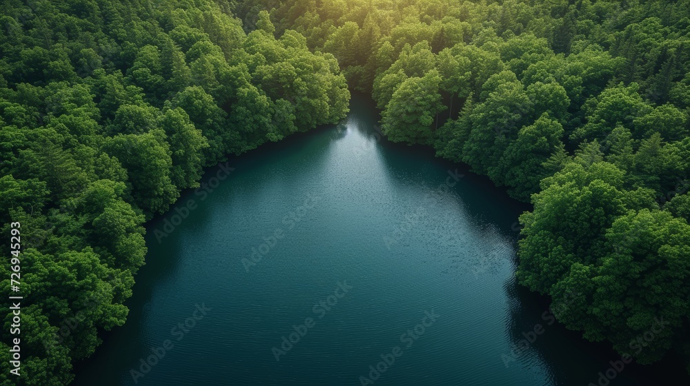 Poster aerial view of river and forest. nature background. 3d render - generative ai