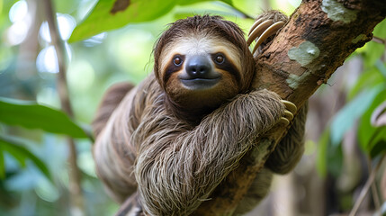 Fototapeta premium Funny sloth hanging on tree branch cute face looking, generative ai