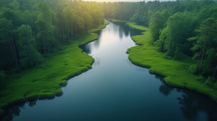 Obraz premium Aerial view of the river and forest at sunset. Nature background - Generative AI