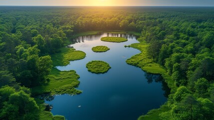 Aerial view of beautiful lake surrounded by green forest at sunset. - Generative AI