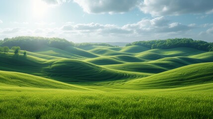 Beautiful landscape with green hills and blue sky. 3d rendering - Generative AI
