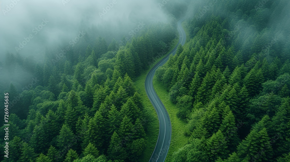 Poster aerial view of a winding road in the forest. 3d rendering - generative ai