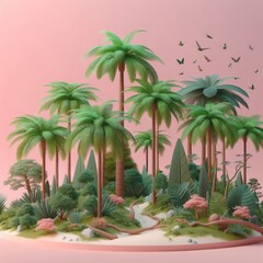 Obraz premium Jungle tropical forest miniature isolated on a pastel pink background. Palm trees trendy composition. Beautiful 3D model. Wide screen wallpaper, for design and banners.