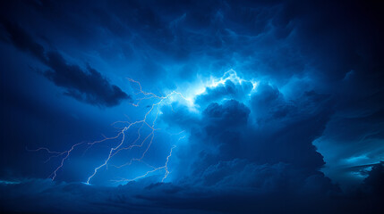 Lightning thunderstorm flash over the night sky, generative ai