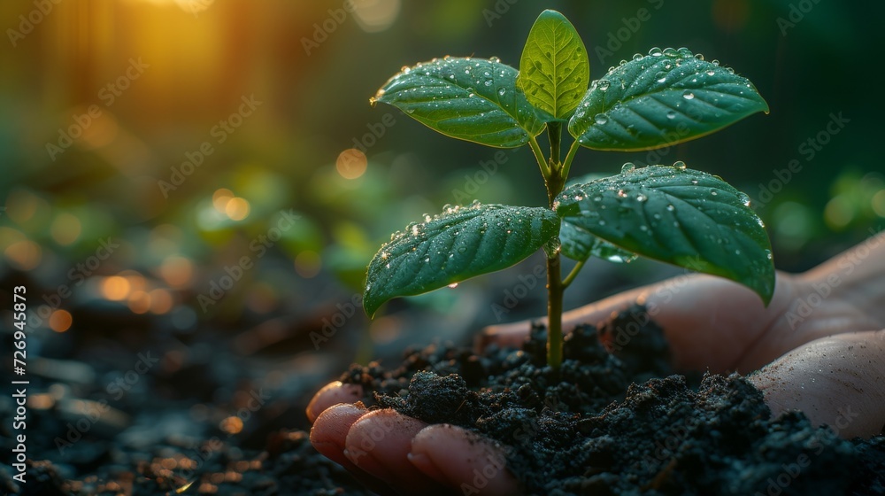 Poster green seedling growing from seed in hand on blurred background with sunlight - generative ai