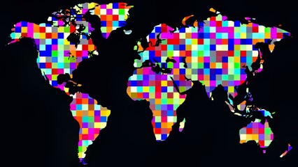 Beautiful illustration of World map with colorful pixel particles on plain black background