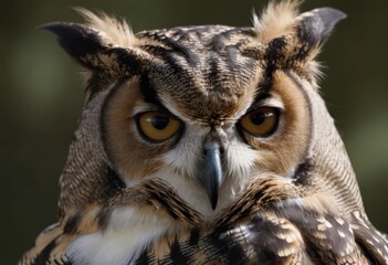 Fototapeta premium An Eurasian Eagle Owl staring at something out of shot in a woodland setting.