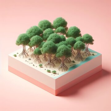 Mangrove forest miniature isolated on a pastel pink background. Mangrove trees trendy composition. Beautiful 3D model. Wide screen wallpaper, for design and banners.