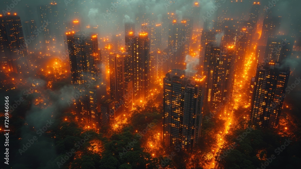 Poster aerial view of a burning city. fire in the city. 3d rendering - generative ai