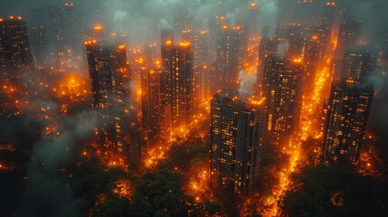 Aerial view of a burning city. Fire in the city. 3D rendering - Generative AI