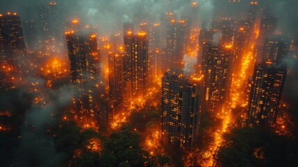 Fototapeta premium Aerial view of a burning city. Fire in the city. 3D rendering - Generative AI
