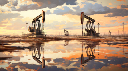 Drilling rigs in a desert oil field to extract fossil fuels and extract crude oil from the ground. Oil drilling rig and pump jack.