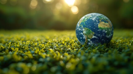 Obraz na płótnie Canvas Globe earth on green grass background. Environment and ecology concept. - Generative AI
